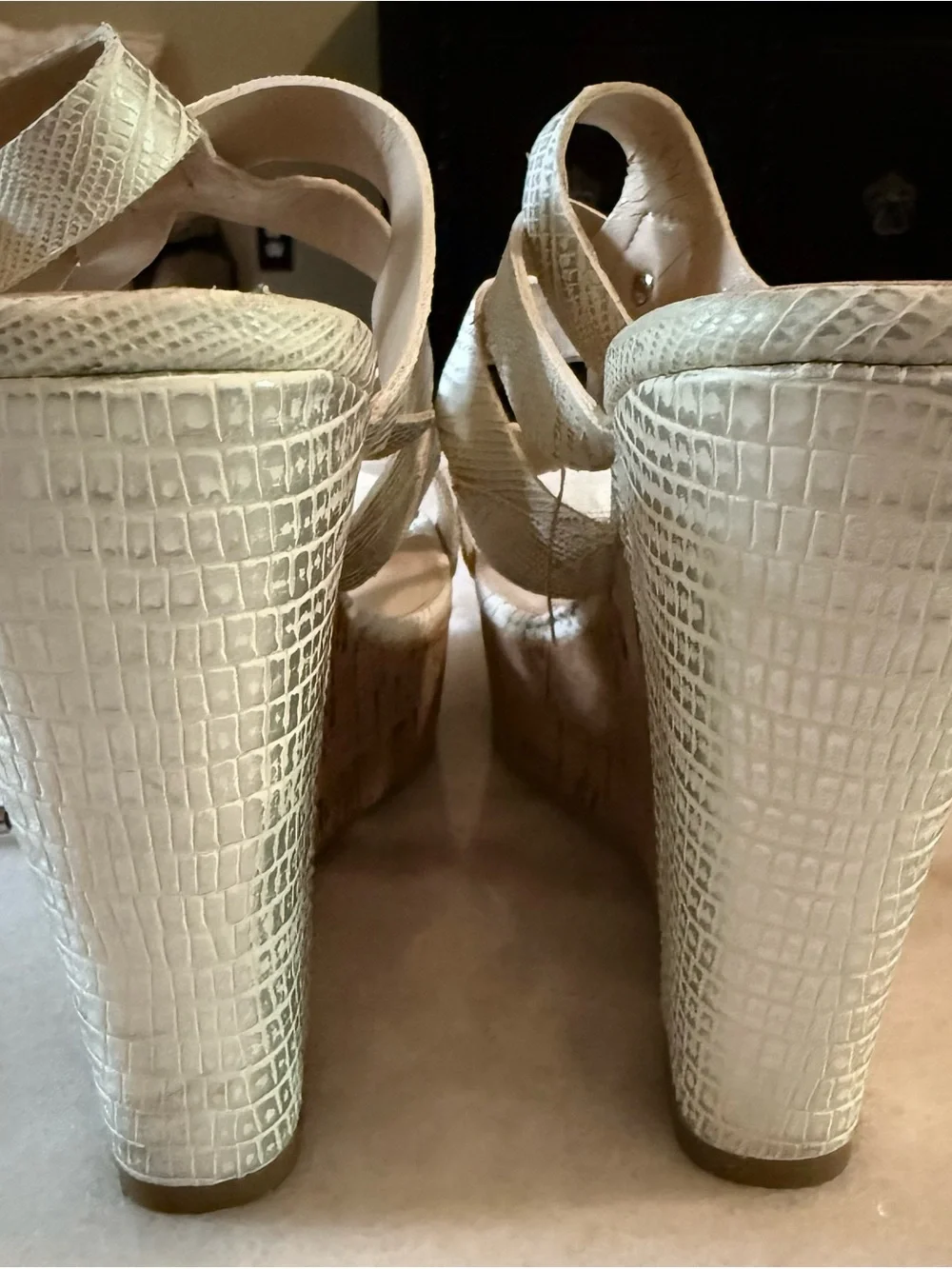 GUESS White Textured Cork Wedge Sandals